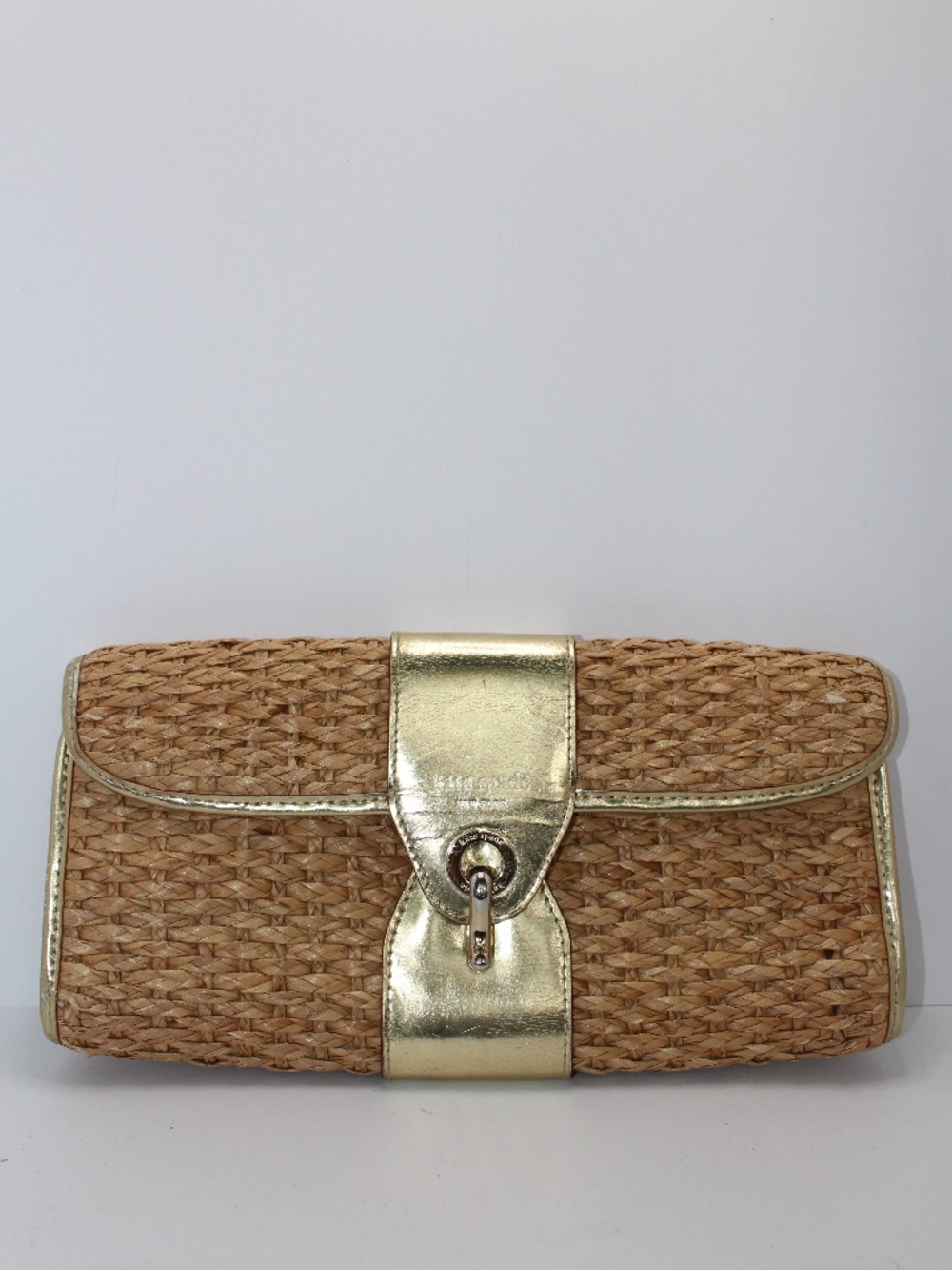 Vintage 2000s Kate Spade New York Woven Straw Gold Leather Clutch Evening Bag